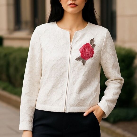 ADIVA White Lace Zip Jacket with Rose Appliqué Women’s Sz L NWT - Picture 1 of 6
